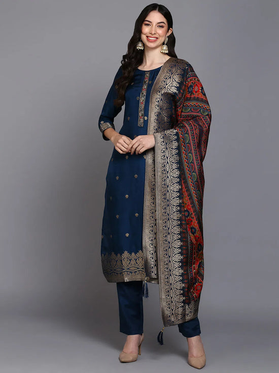 Viscose Rayon Navy Blue Embroidered Straight Kurta