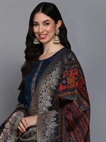 Viscose Rayon Navy Blue Embroidered Straight Kurta