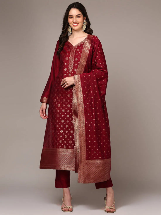 Ahika Women Red Poly Chanderi Woven Design Straight Kurta Trouser With Dupatta PKSKD1977