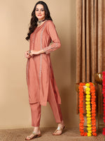 Ahika Women Orange Silk Blend Embroidered Straight Kurta Pant Set With Dupatta