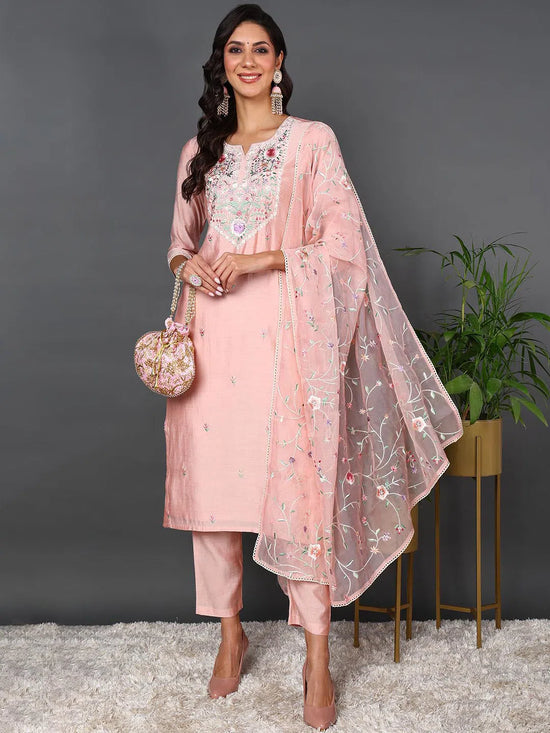 Ahika Women Pink Silk Blend Solid Embroidered Kurta Trouser With Dupatta