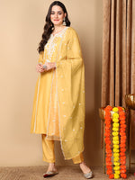 Ahika Women Yellow Silk Blend Embroidered Straight Kurta Pant Set With Dupatta