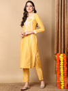 Ahika Women Yellow Silk Blend Embroidered Straight Kurta Pant Set With Dupatta