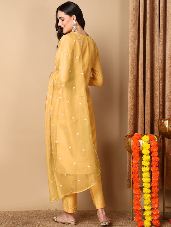 Ahika Women Yellow Silk Blend Embroidered Straight Kurta Pant Set With Dupatta