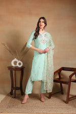 Ahika Women Sea Green Silk Blend Embroidered Straight Kurta Pant Set With Dupatta