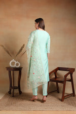 Ahika Women Sea Green Silk Blend Embroidered Straight Kurta Pant Set With Dupatta