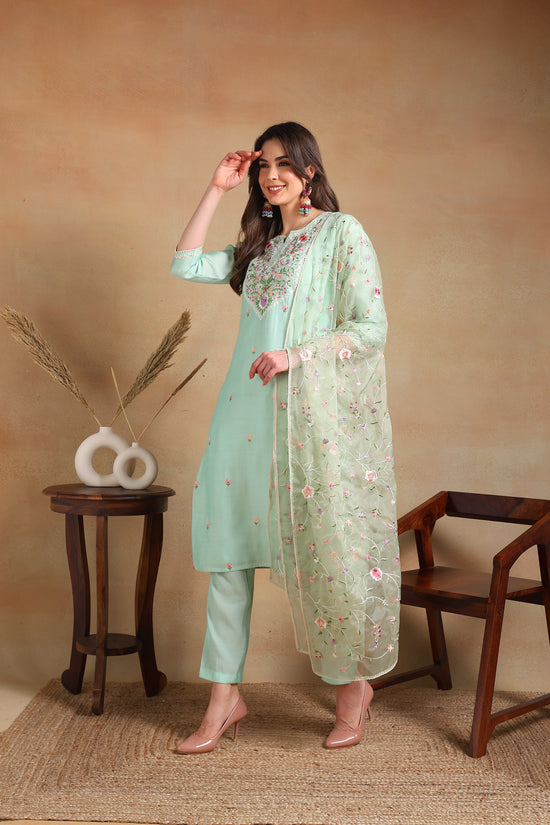 Ahika Women Sea Green Silk Blend Embroidered Straight Kurta Pant Set With Dupatta