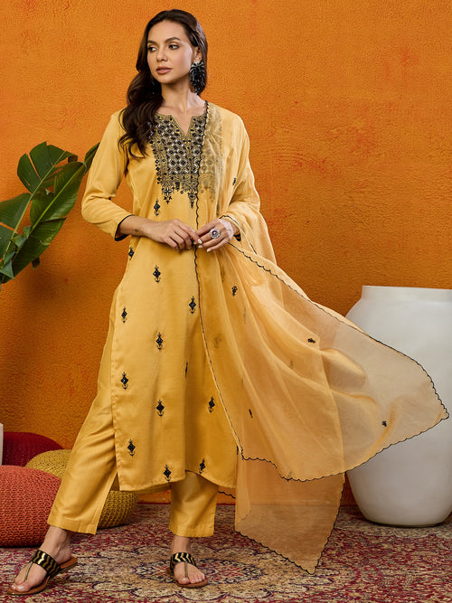 Ahika Women Yellow Silk Blend Embroidered Straight Kurta Pant Set With Dupatta