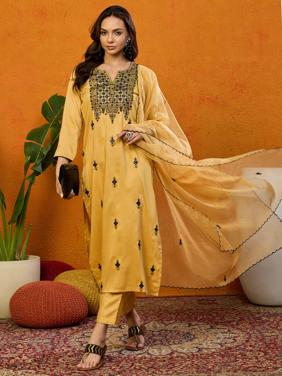 Ahika Women Yellow Silk Blend Embroidered Straight Kurta Pant Set With Dupatta