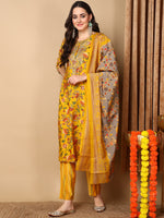 Ahika Women Yellow Silk Blend Printed Straight Kurta Pant Set With Dupatta