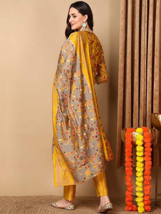 Ahika Women Yellow Silk Blend Printed Straight Kurta Pant Set With Dupatta