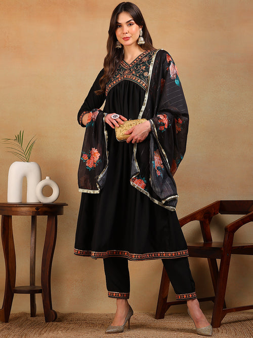 Ahika Women Black Silk Blend Embroidered A-Line Kurta Pant Set With Dupatta