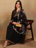 Ahika Women Black Silk Blend Embroidered A-Line Kurta Pant Set With Dupatta