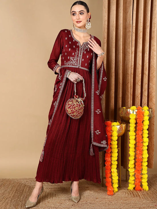 Ahika Women Maroon Silk Blend Solid Embroidered Kurta Trouser With Dupatta