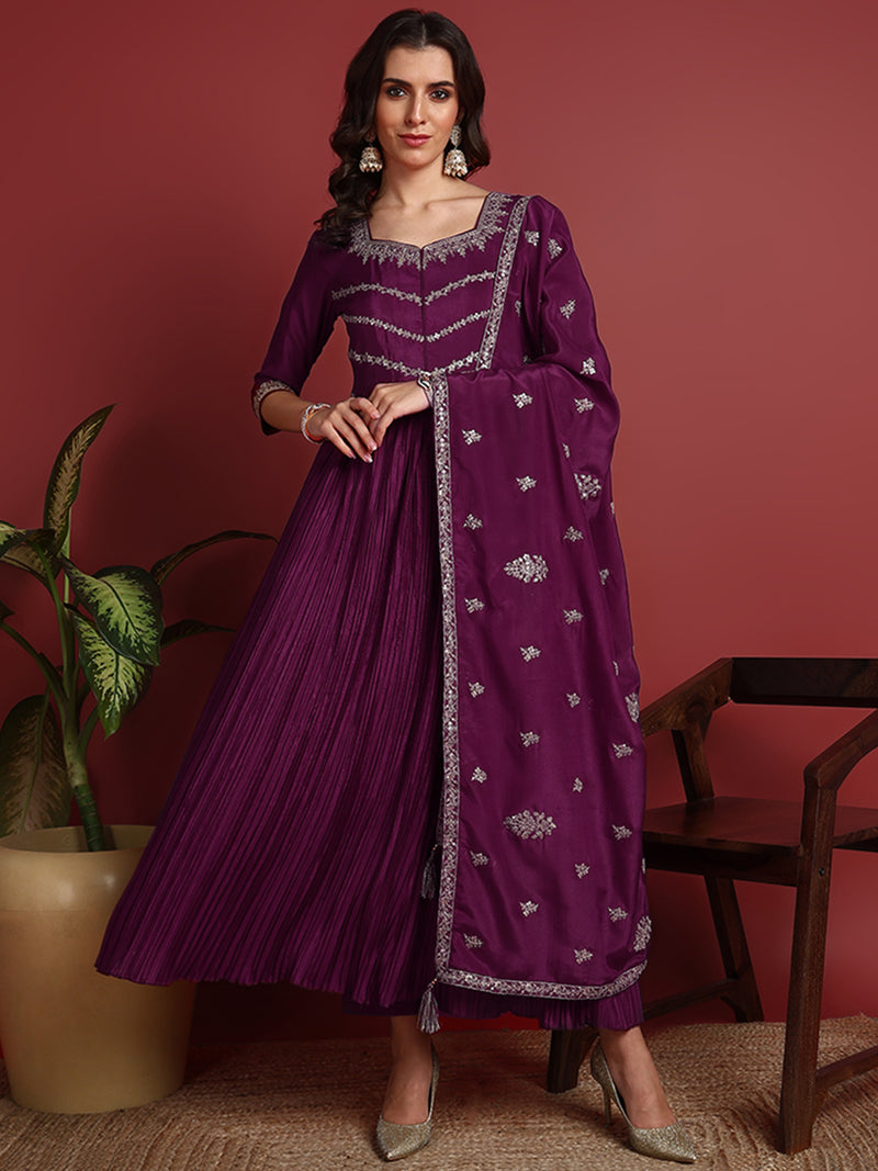 Ahika Polyester Solid Purple Indian Ethnic