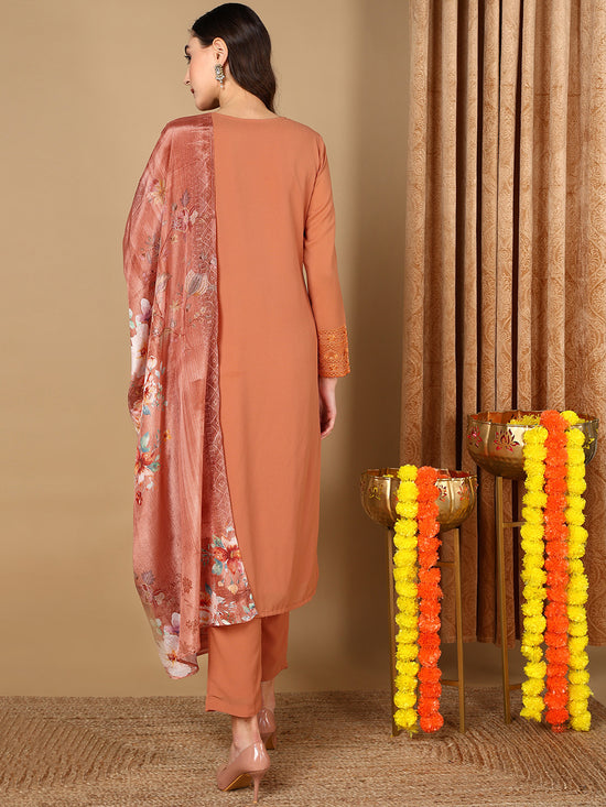 Ahika Women Orange Georgette Embroidered Straight Kurta Pant Set With Dupatta