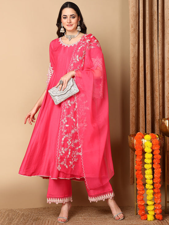 Ahika Women Pink Silk Blend Embroidered Anarkali Kurta Pant Set With Dupatta