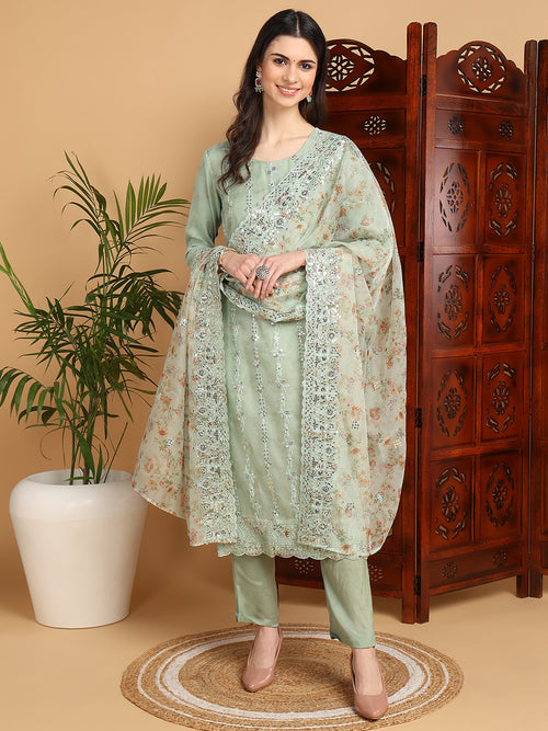 Ahika Women Green Organza Embroidered Straight Kurta Pant Set With Dupatta