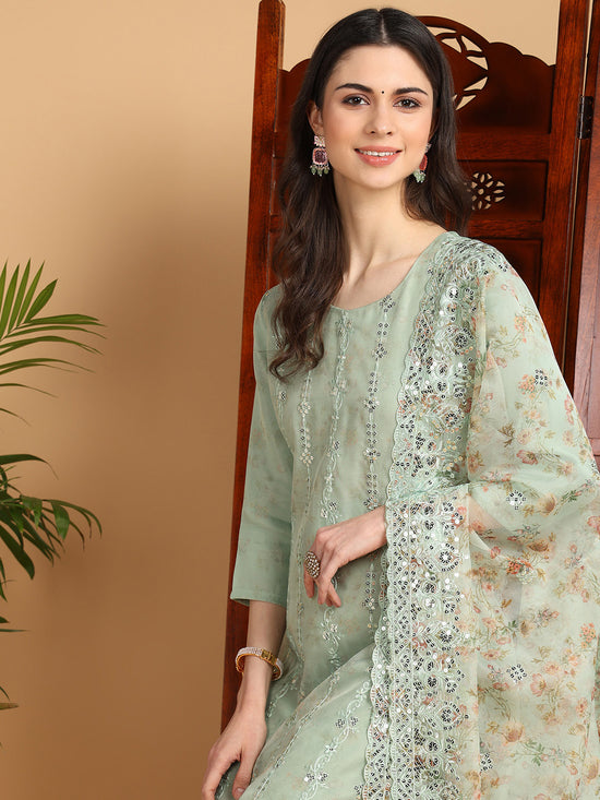 Ahika Women Green Organza Embroidered Straight Kurta Pant Set With Dupatta