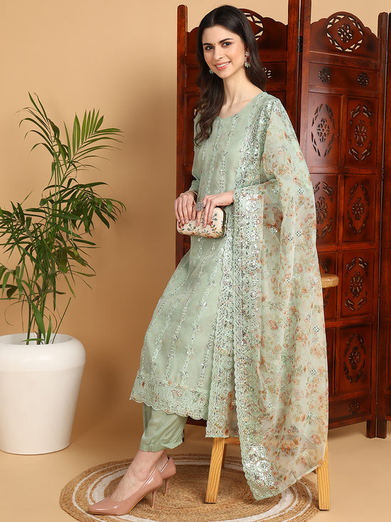 Ahika Women Green Organza Embroidered Straight Kurta Pant Set With Dupatta