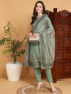 Ahika Women Green Organza Embroidered Straight Kurta Pant Set With Dupatta