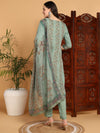 Ahika Women Green Organza Embroidered Straight Kurta Pant Set With Dupatta