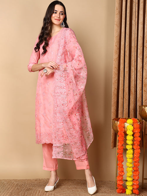 Ahika Women Pink Organza Embroidered Straight Kurta Pant Set With Dupatta