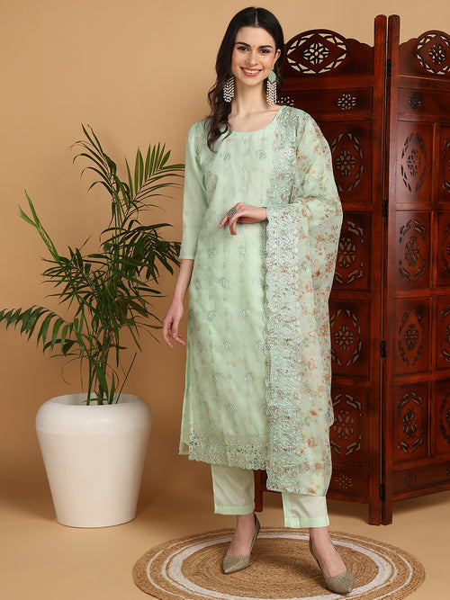 Ahika Women Green Organza Embroidered Straight Kurta Pant Set With Dupatta