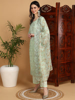 Ahika Women Green Organza Embroidered Straight Kurta Pant Set With Dupatta