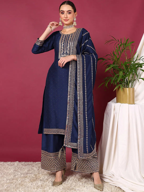 Ahika Women Blue Silk Blend Solid Yoke Design Straight Kurta Palazzos With Dupatta