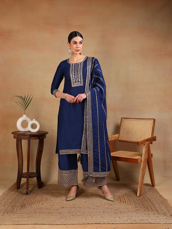 Ahika Women Blue Silk Blend Embroidered Straight Kurta Palazzo Set With Dupatta