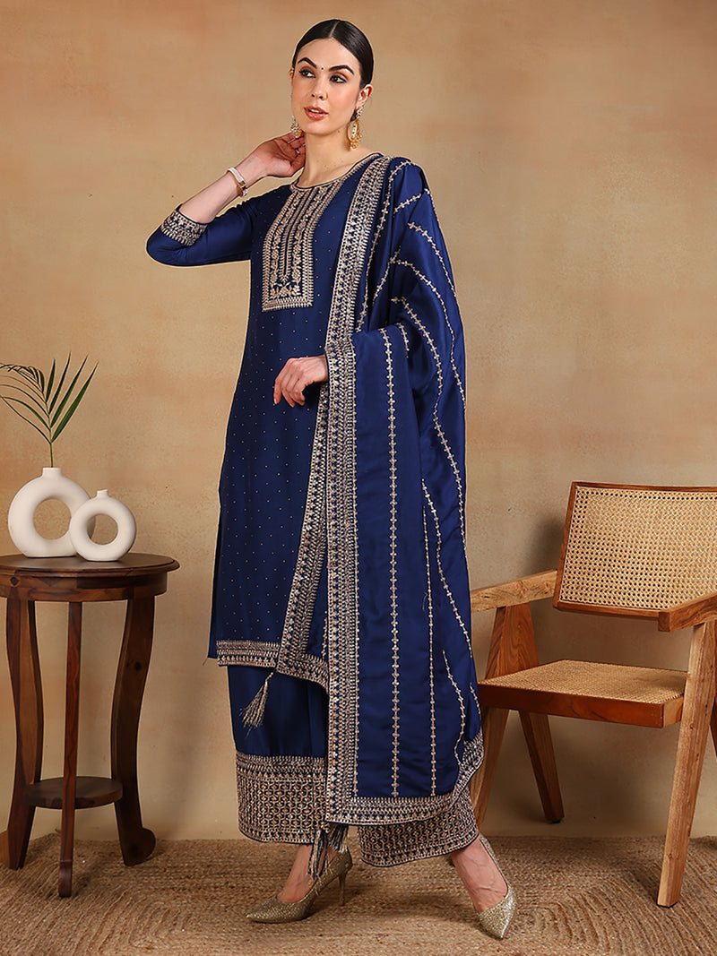 Ahika Women Blue Silk Blend Embroidered Straight Kurta Palazzo Set With Dupatta