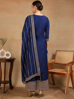 Ahika Women Blue Silk Blend Embroidered Straight Kurta Palazzo Set With Dupatta