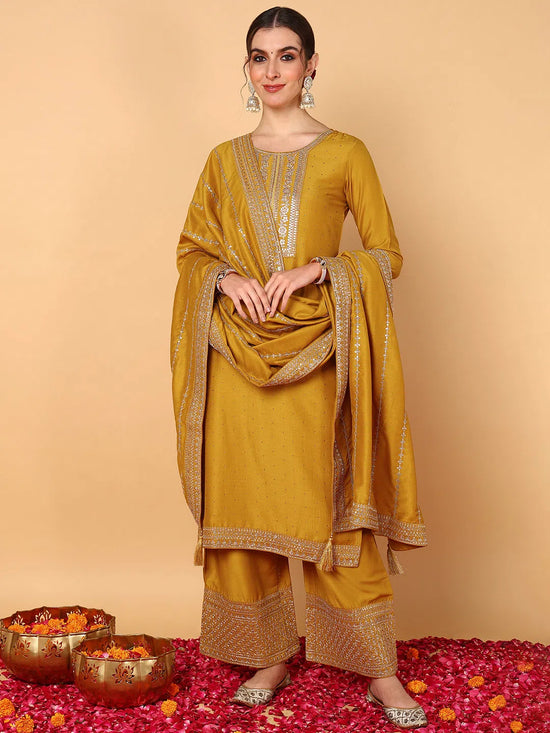 Ahika Women Mustard Silk Blend Solid Embroidered Straight Suit Set