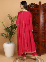 Ahika Women Pink Silk Blend Embroidered Anarkali Kurta Pant Set With Dupatta