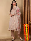 Ahika Women Beige Organza Embroidered Straight Kurta Pant Set With Dupatta