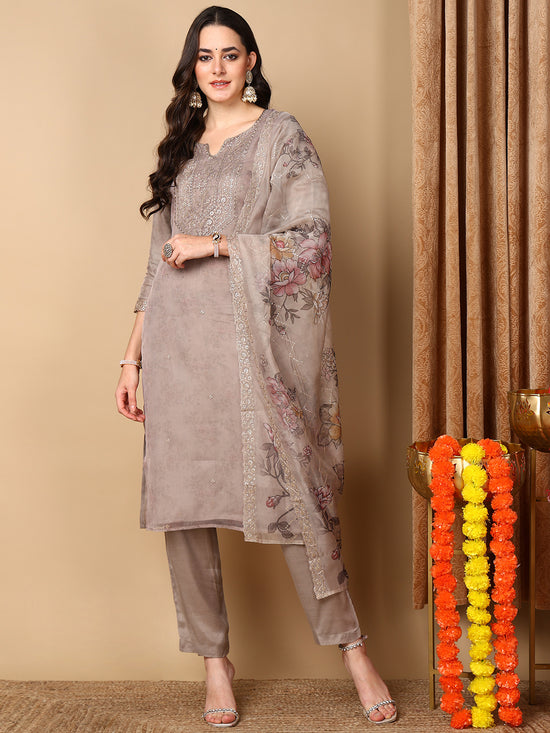 Ahika Women Beige Organza Embroidered Straight Kurta Pant Set With Dupatta