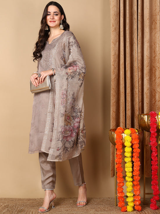 Ahika Women Beige Organza Embroidered Straight Kurta Pant Set With Dupatta