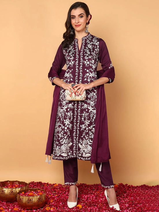 Ahika Women Purple Silk Blend Solid Embroidered Straight Kurta Trouser With Dupatta-PKSKD2107_S