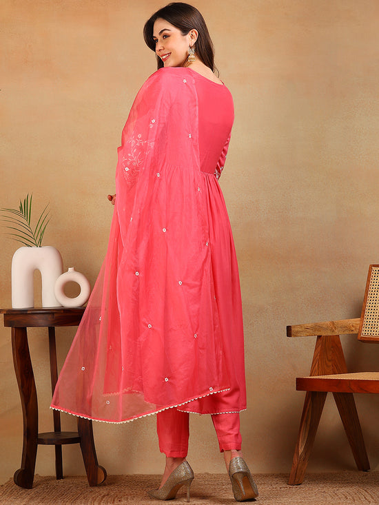 Ahika Women Pink Silk Blend Embroidered A-Line Kurta Pant Set With Dupatta