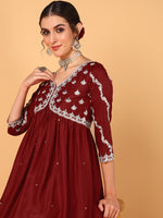 Ahika Women Red Silk Blend Embroidered Anarkali Kurta Pant Set With Dupatta