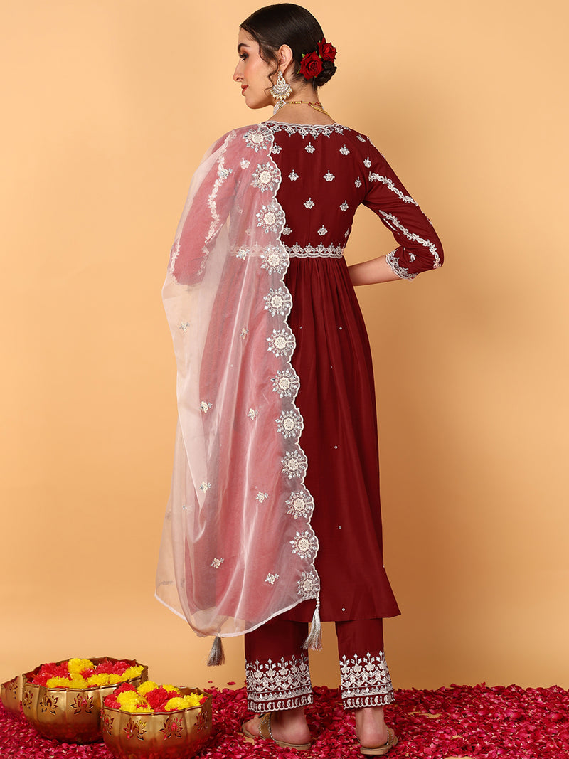 Ahika Women Red Silk Blend Embroidered Anarkali Kurta Pant Set With Dupatta