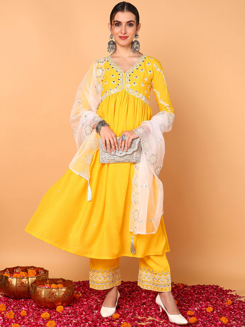 Ahika Women Yellow Silk Blend Embroidered Anarkali Kurta Pant Set With Dupatta