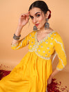 Ahika Women Yellow Silk Blend Embroidered Anarkali Kurta Pant Set With Dupatta