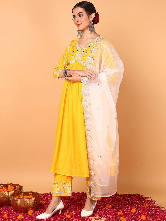 Ahika Women Yellow Silk Blend Embroidered Anarkali Kurta Pant Set With Dupatta