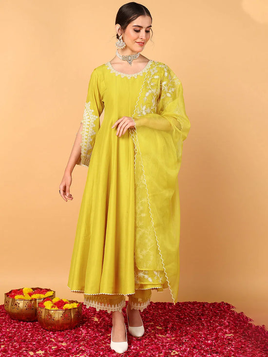 Ahika Women Yellow Silk Blend Solid Embroidered Flared Suit Set-PKSKD2118_S