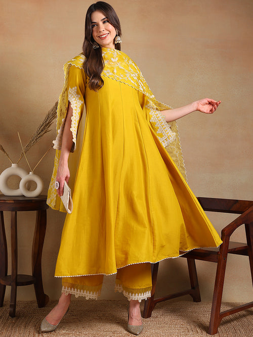 Ahika Women Yellow Silk Blend Embroidered Anarkali Kurta Palazzo Set With Dupatta