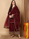 Ahika Women Burgundy Silk Blend Embroidered Straight Kurta Palazzo Set With Dupatta