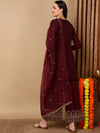 Ahika Women Burgundy Silk Blend Embroidered Straight Kurta Palazzo Set With Dupatta