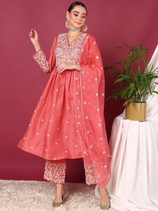 Ahika Women Pink Silk Blend Solid Yoke Design Anarkali Kurta Palazzos With Dupatta